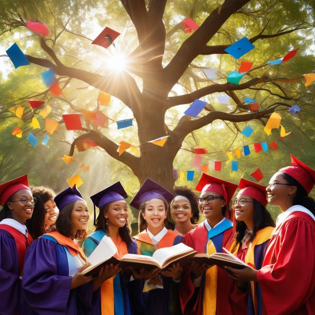 A diverse group of individuals engaged in a lively community workshop, sharing books and knowledge, with a bright atmosphere symbolizing empowerment and growth. The backdrop features symbols of education like books and graduation caps, intertwined with advocacy banners. Incorporate uplifting expressions on faces, with soft sunlight filtering through trees, enhancing the feeling of hope and progress. vibrant colors. super-realistic.