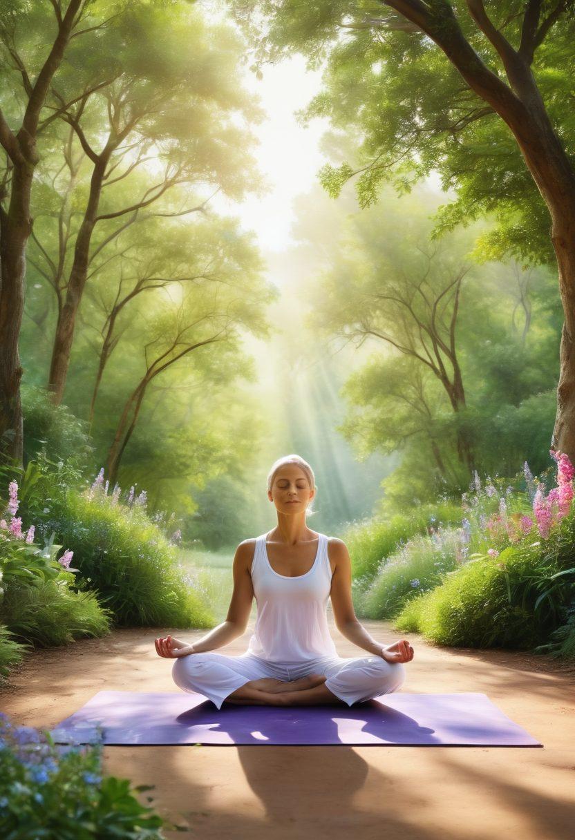 A serene landscape featuring a diverse group of cancer patients engaged in various holistic wellness activities like meditation, yoga, and herbal therapy, surrounded by lush greenery and blooming flowers. Gentle sunlight filters through the trees, creating a warm and inviting atmosphere. Include elements like healing crystals, aromatherapy oils, and colorful yoga mats to emphasize a holistic approach. The overall mood should be calming and uplifting. watercolor painting. vibrant colors. nature background.