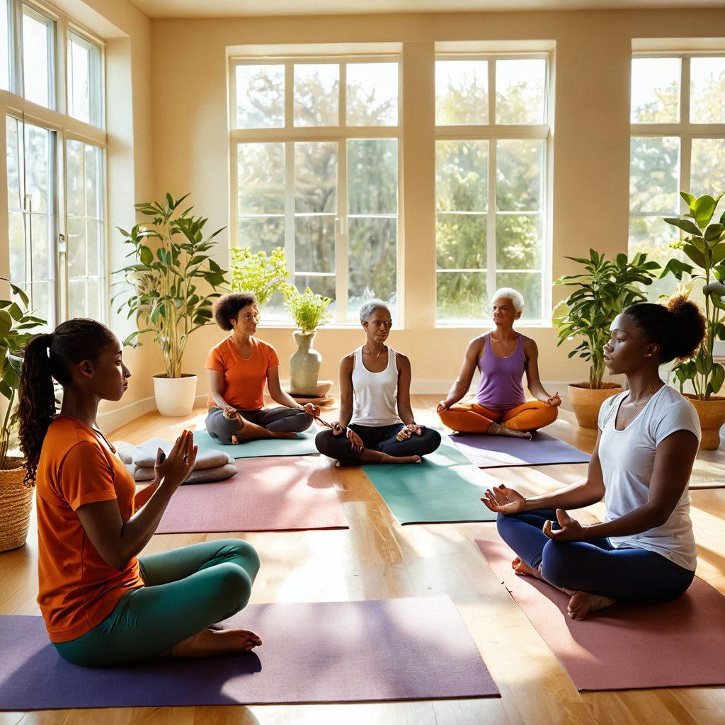 A serene scene featuring a diverse group of patients of different ages and backgrounds, engaged in supportive activities like group discussions and yoga in a bright, sunlit room. Incorporate symbols of wellness such as plants, healing crystals, and supportive materials like books and pamphlets. Capture a sense of hope and empowerment through warm colors and uplifting expressions. super-realistic. vibrant colors. soft lighting.
